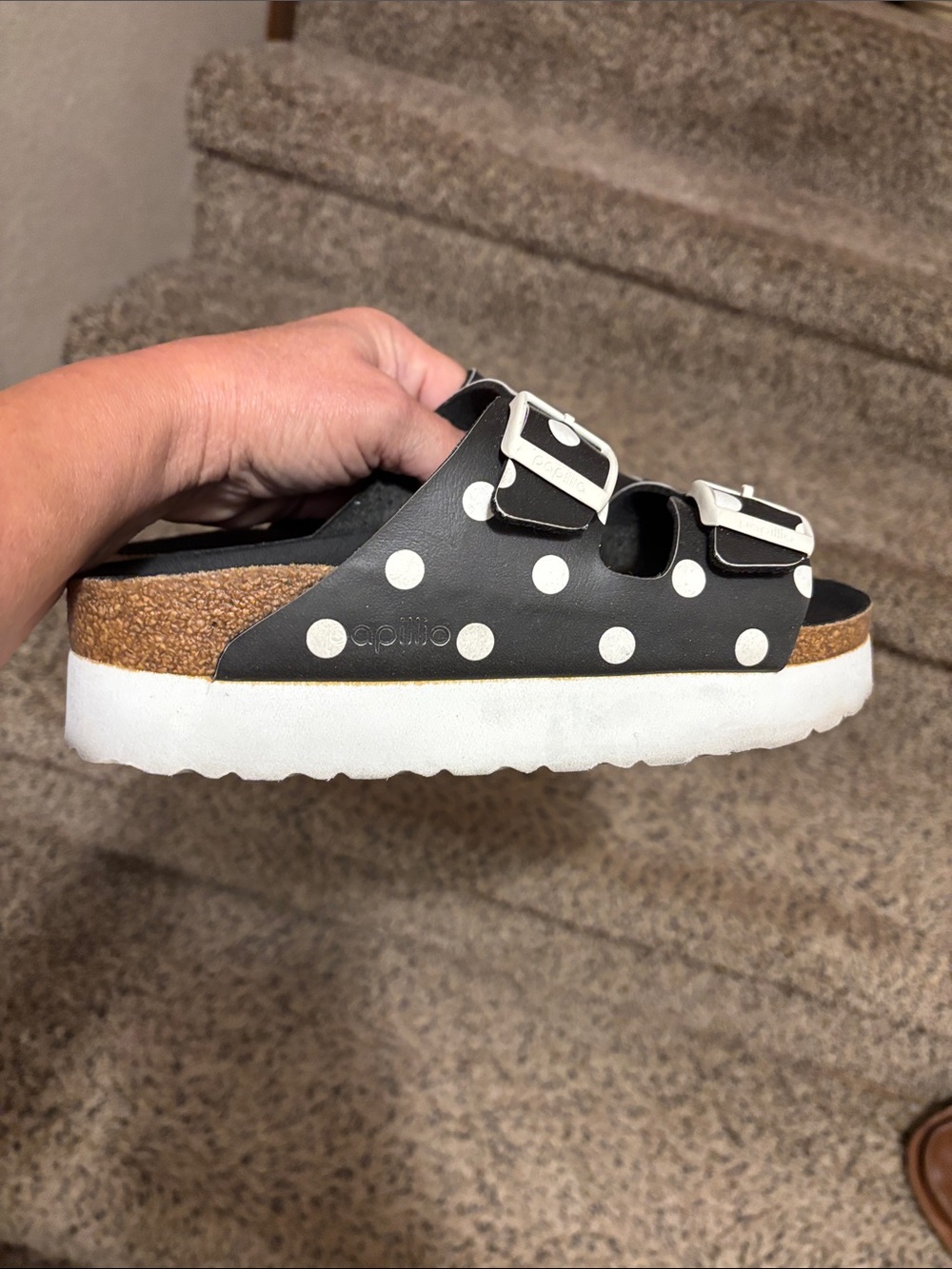 Birkenstock Black and White Polka Dot Two-Strap Slide Sandals - Picture 3 of 3